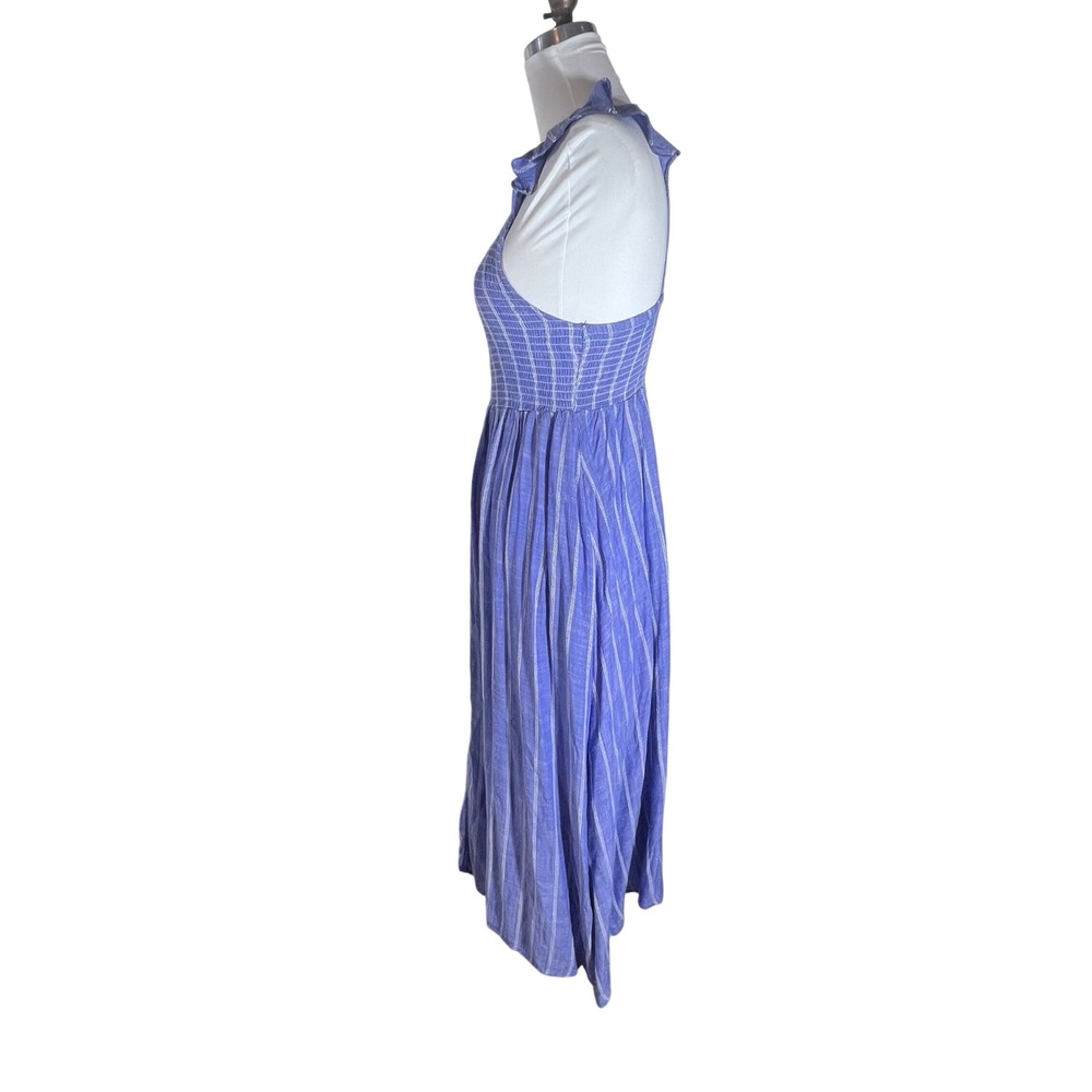 Free People Blue White Striped Smocked‎ Midi Dress Sleeveless Ruffle Pockets XS - Picture 4 of 10